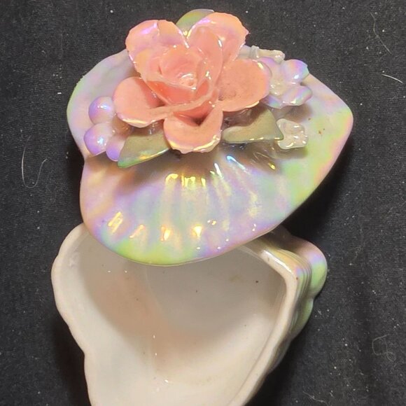 Vintage Iridescent Porcelain Trinket Box With Rose Lid Detail - Picture 6 of 8